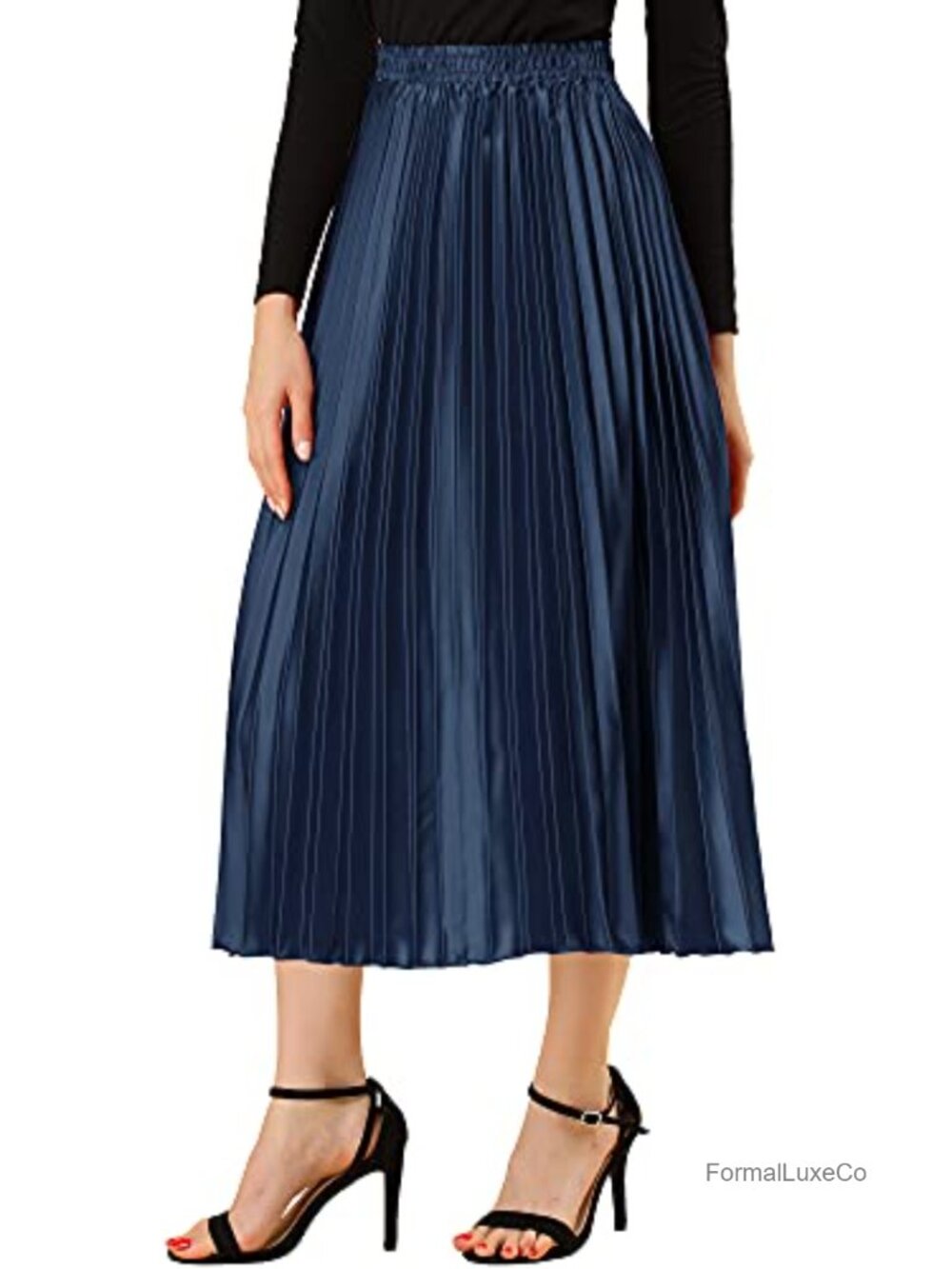 Women Pleated High Waist Metallic Party Midi Skirt Elastic Waist A-Line